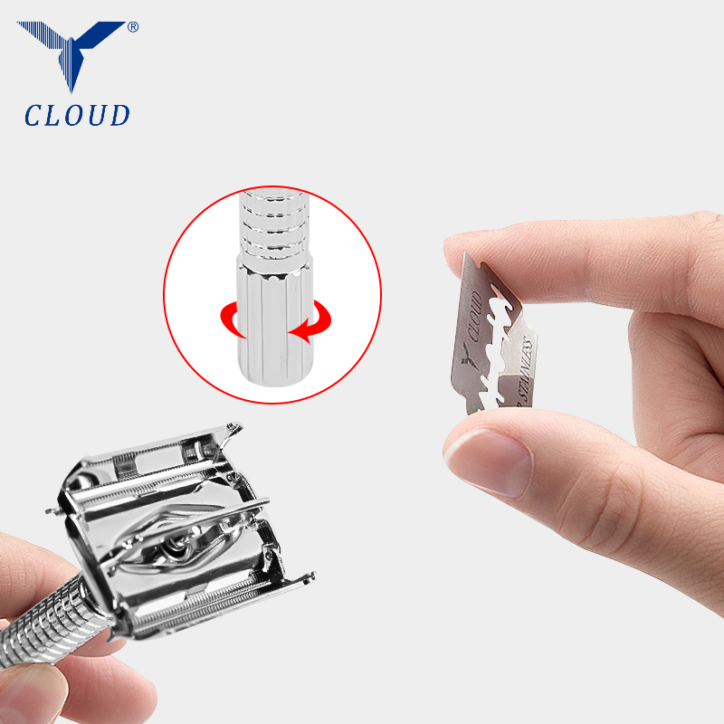 ماكينة حلاقة يدوية من الفولاذ المقاوم للصدأ بحافة مزدوجة ملتوية ومفتوحة على شكل حرف T. 74