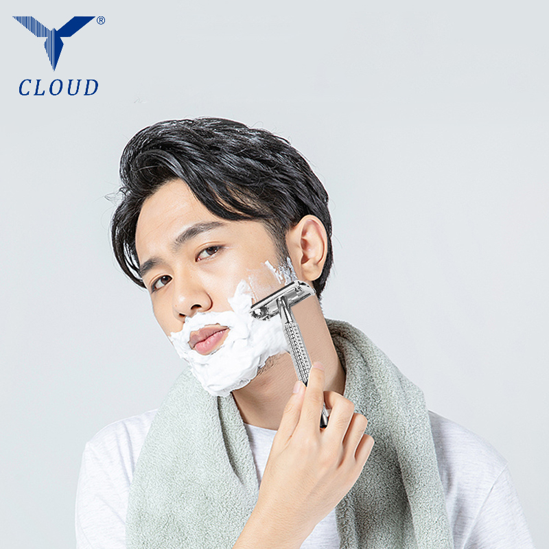 ماكينة حلاقة يدوية من الفولاذ المقاوم للصدأ بحافة مزدوجة ملتوية ومفتوحة على شكل حرف T. 74